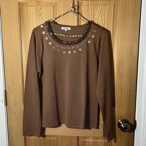 Chic Brown Long Sleeve Sweater with Embellished Neckline